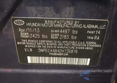 2013 Hyundai Sonata Limited 2.0T из США, поврежденный, VIN 5NPEC4AB4DH726876